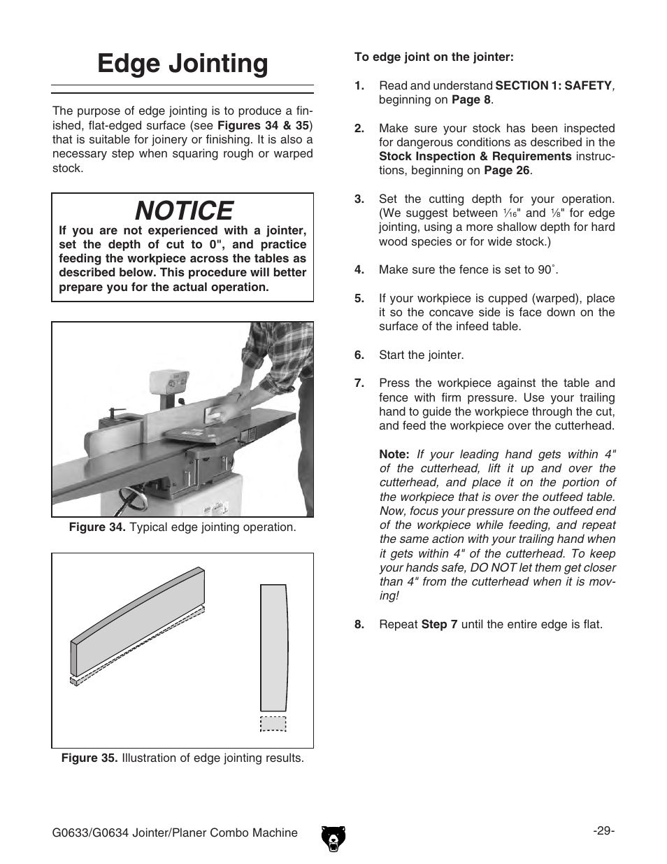 Notice, Edge jointing | Grizzly Jointer/ G0634Z User Manual | Page 47 / 88