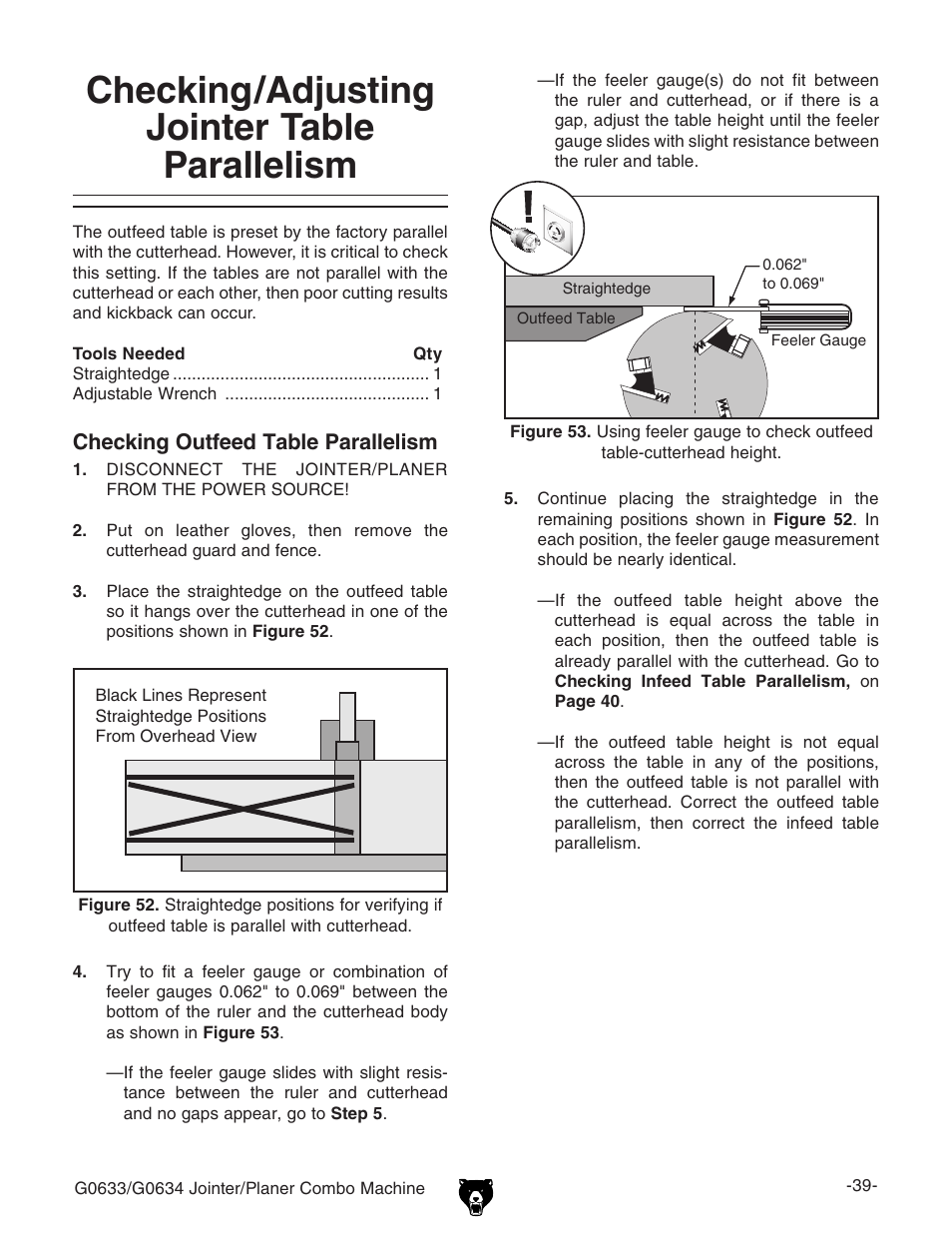 Checking/adjusting jointer table parallelism | Grizzly Jointer/ G0634Z User Manual | Page 57 / 88