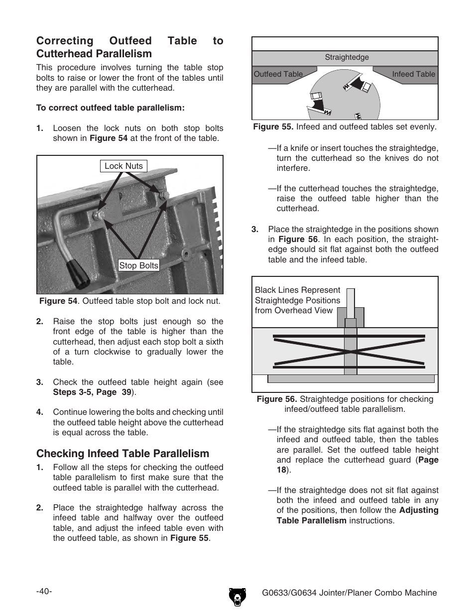 Checking infeed table parallelism, Correcting outfeed table to cutterhead parallelism | Grizzly Jointer/ G0634Z User Manual | Page 58 / 88