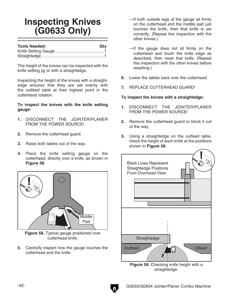 Inspecting knives (g0633 only) | Grizzly Jointer/ G0634Z User Manual | Page 60 / 88