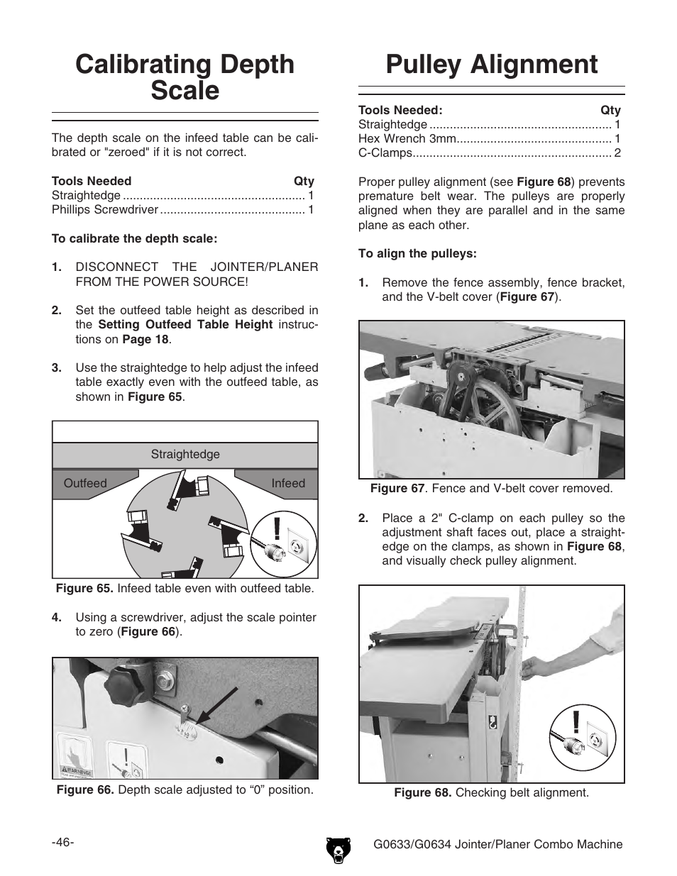 Calibrating depth scale pulley alignment | Grizzly Jointer/ G0634Z User Manual | Page 64 / 88