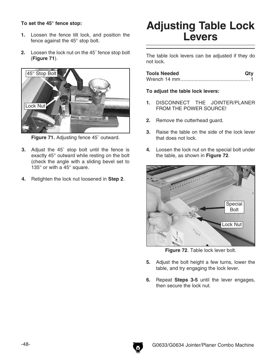 Adjusting table lock levers | Grizzly Jointer/ G0634Z User Manual | Page 66 / 88