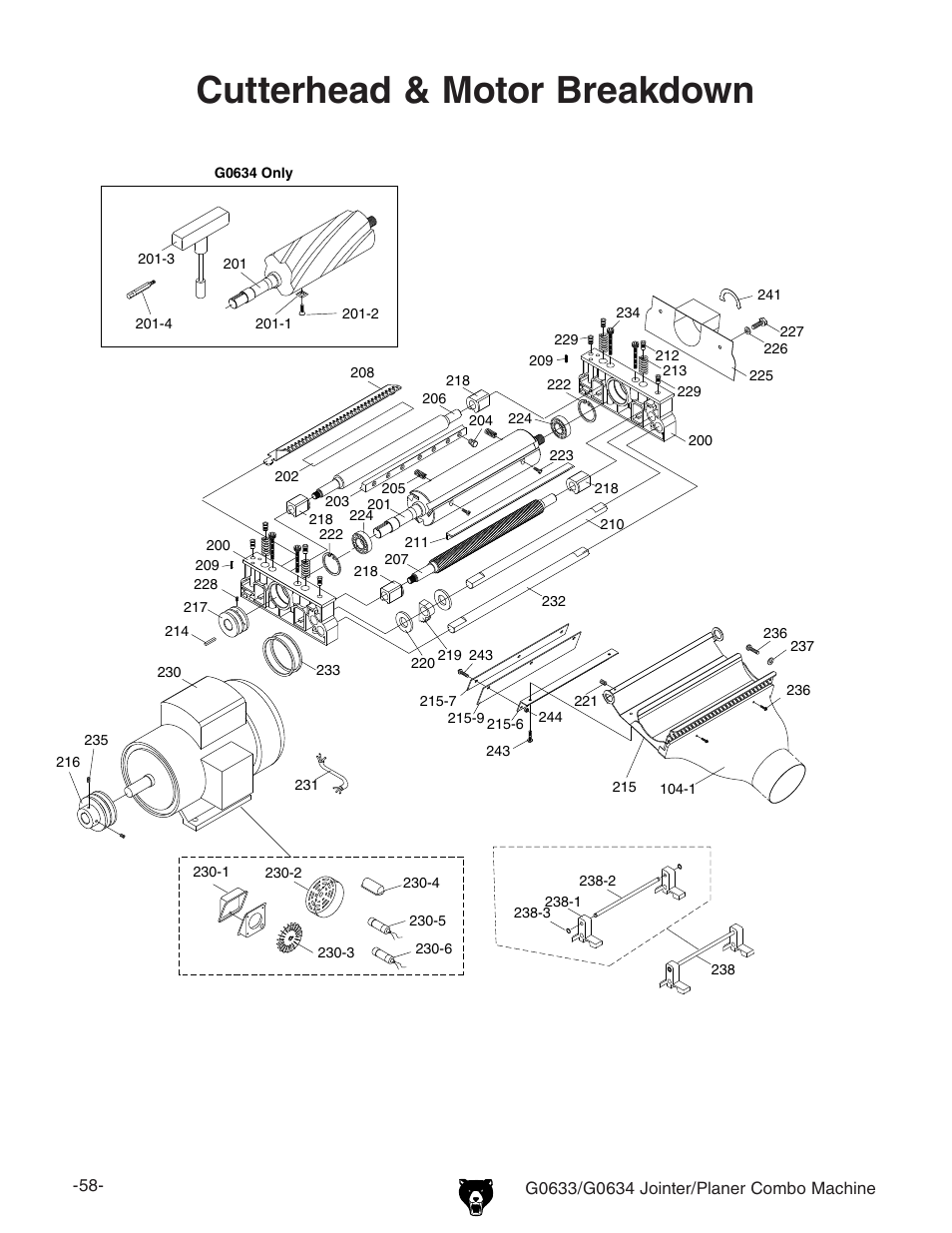 Cutterhead & motor breakdown | Grizzly Jointer/ G0634Z User Manual | Page 76 / 88