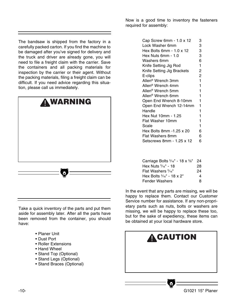 Unpacking, Parts inventory, Warning | Caution | Grizzly G1021 User Manual | Page 10 / 45