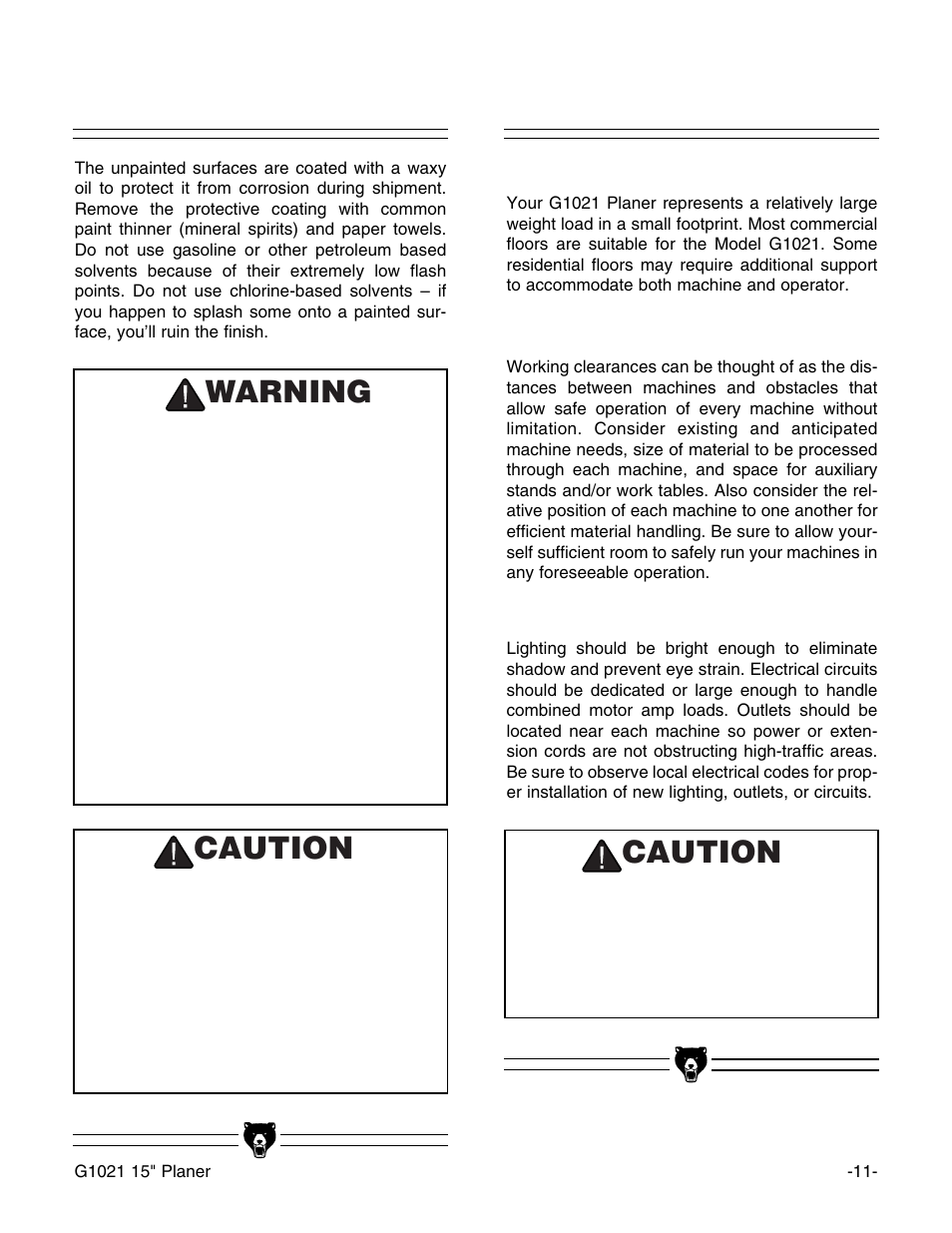 Clean up, Site considerations, Warning | Caution | Grizzly G1021 User Manual | Page 11 / 45
