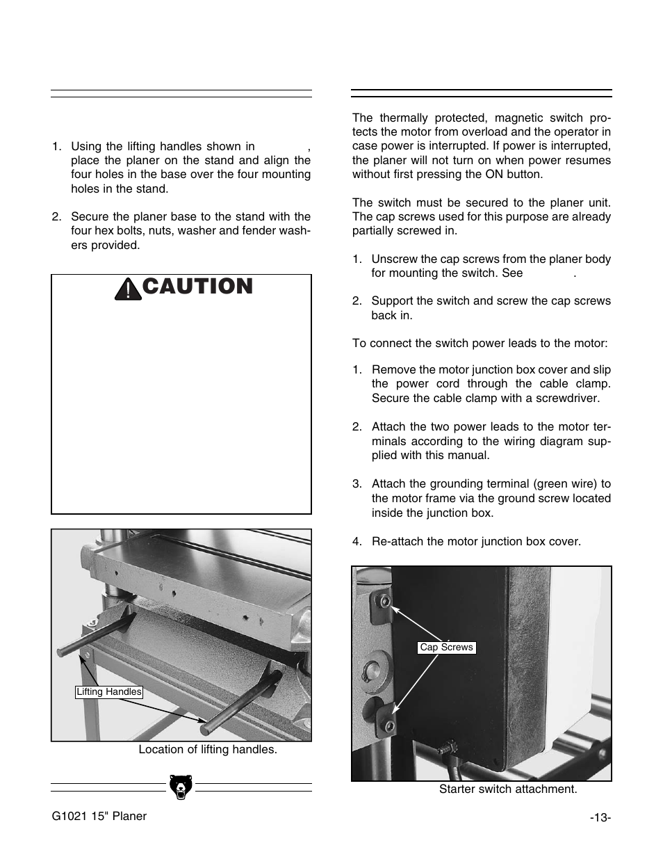 Planer unit, Starter switch, Caution | Grizzly G1021 User Manual | Page 13 / 45