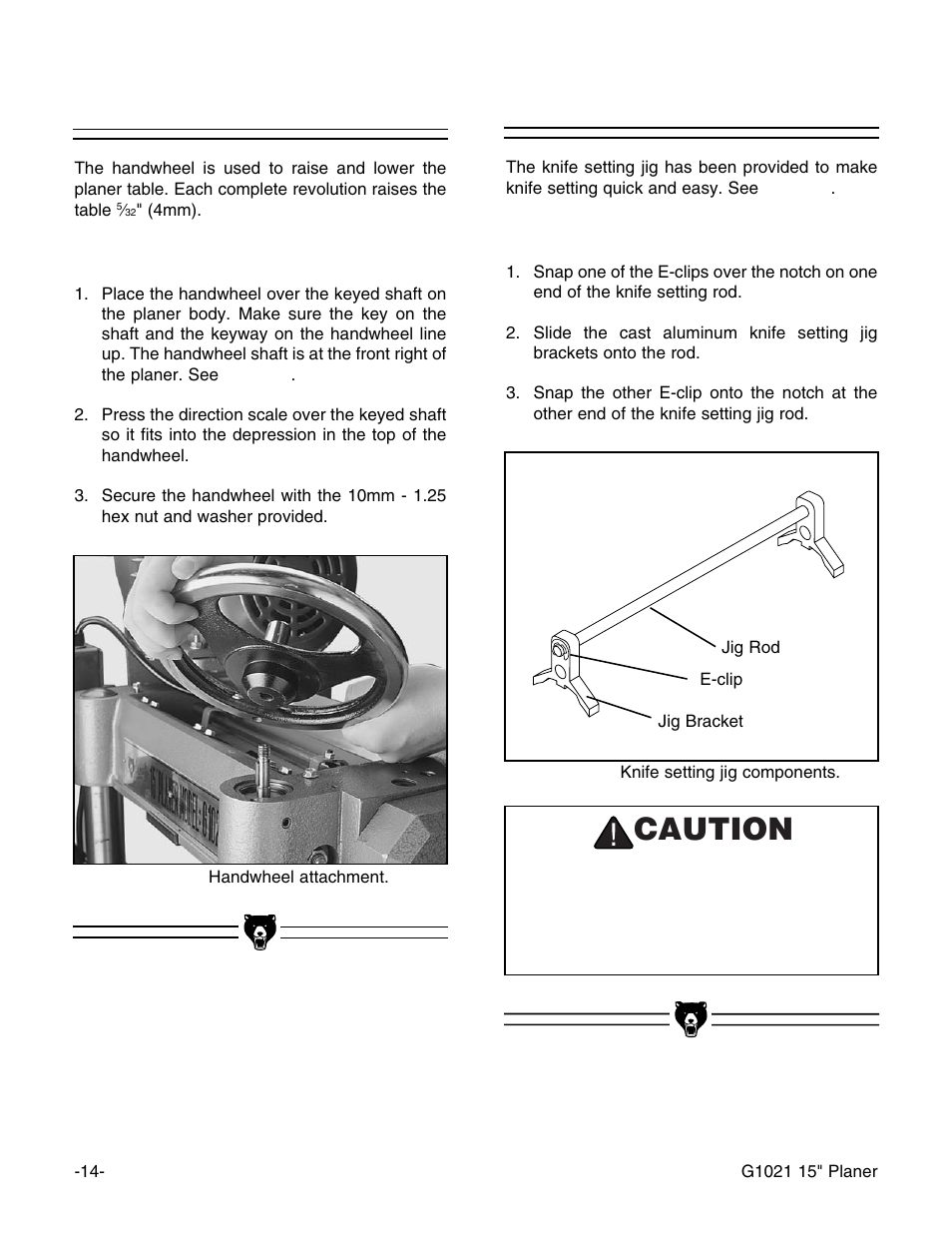 Handwheel, Knife setting jig, Caution | Grizzly G1021 User Manual | Page 14 / 45