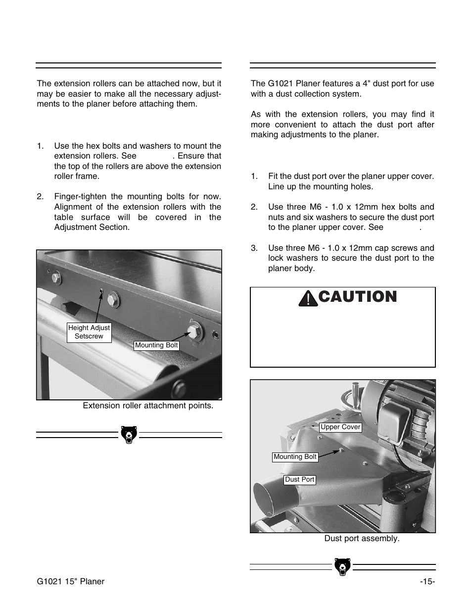 Extension rollers, Dust port, Caution | Grizzly G1021 User Manual | Page 15 / 45