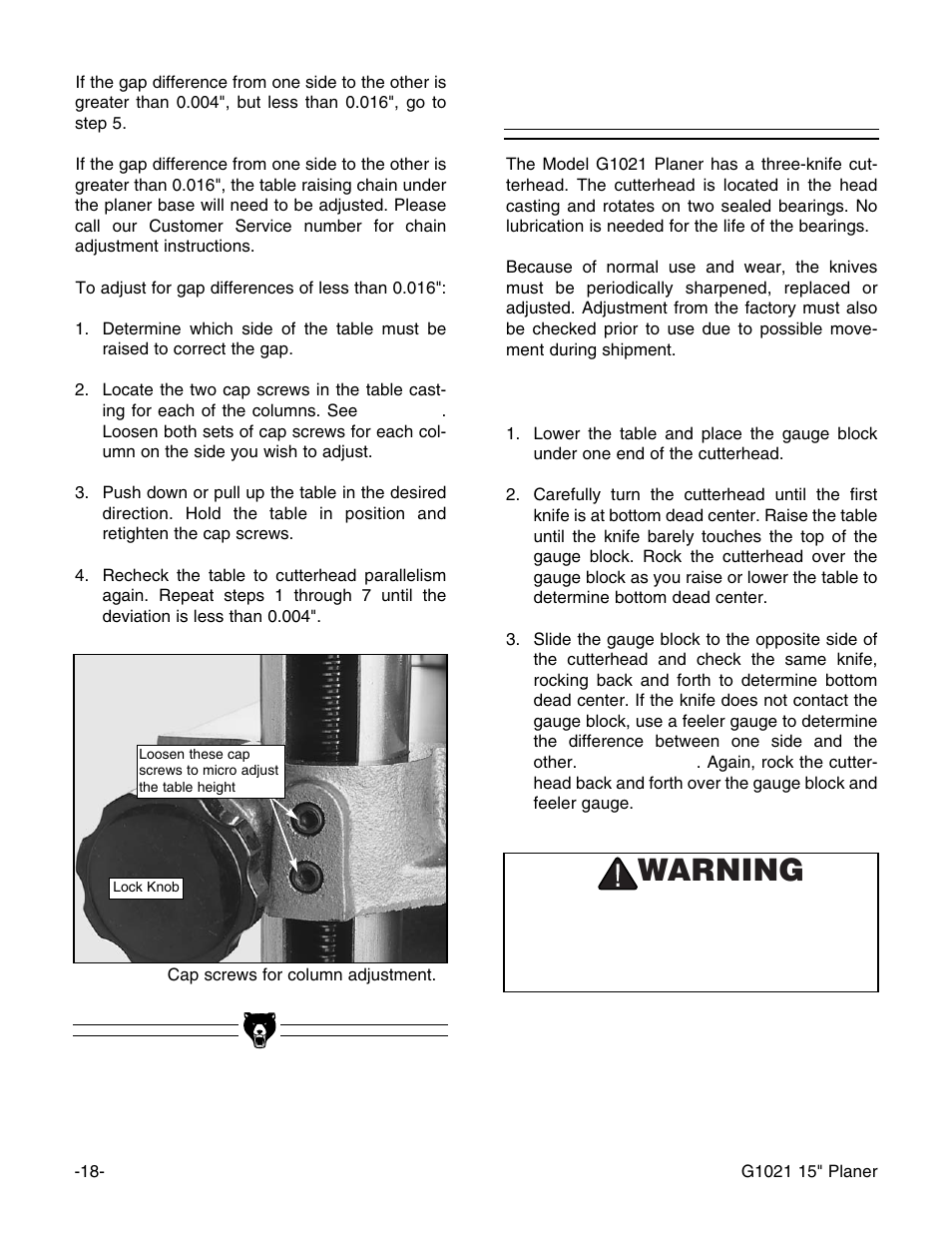 Knife inspection, Warning | Grizzly G1021 User Manual | Page 18 / 45