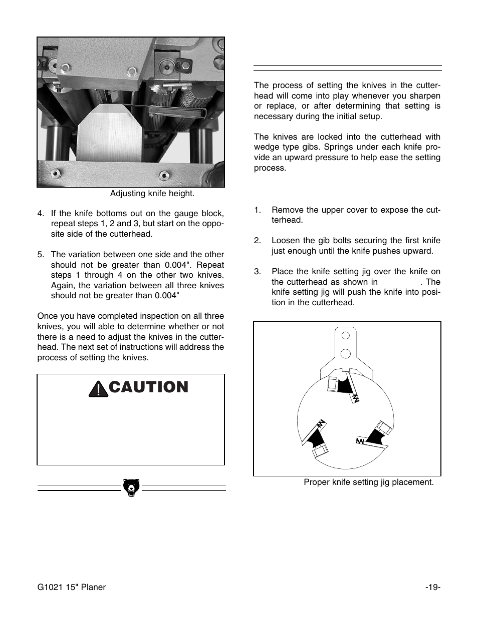 Knife setting, Caution | Grizzly G1021 User Manual | Page 19 / 45