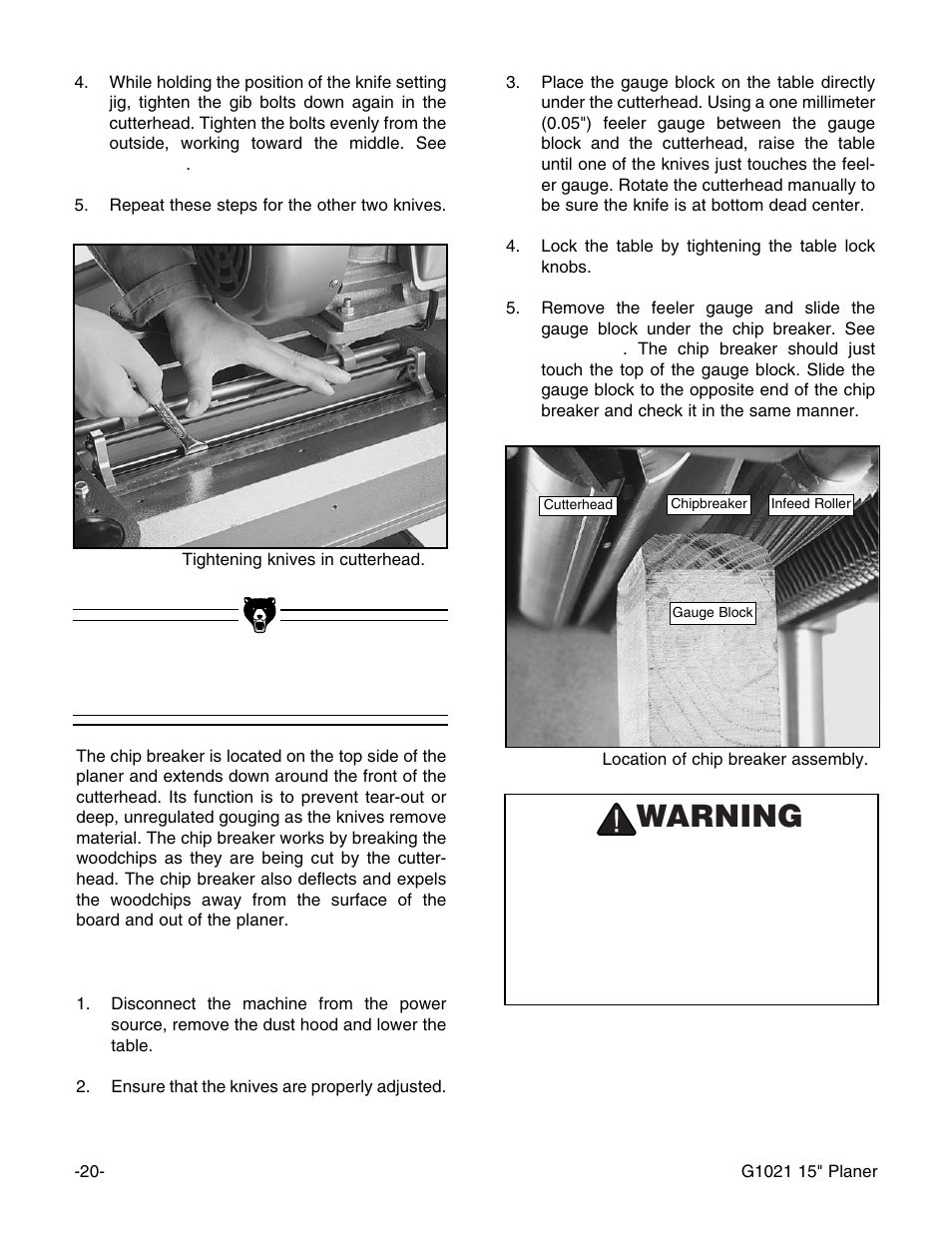 Chip breaker, Warning | Grizzly G1021 User Manual | Page 20 / 45