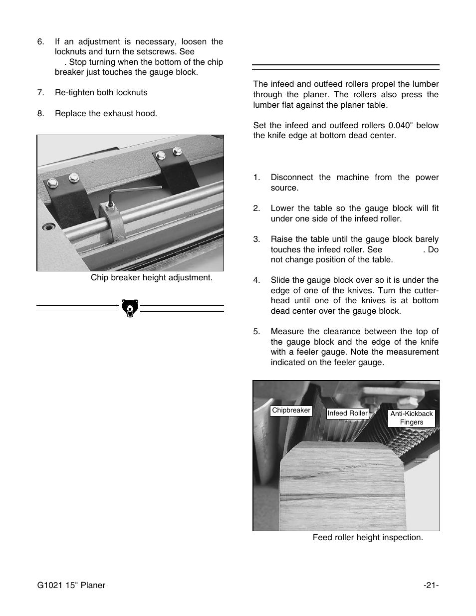 Feed roller height | Grizzly G1021 User Manual | Page 21 / 45