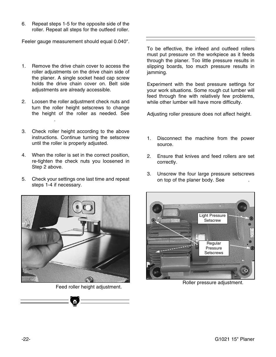 Feed roller pressure | Grizzly G1021 User Manual | Page 22 / 45