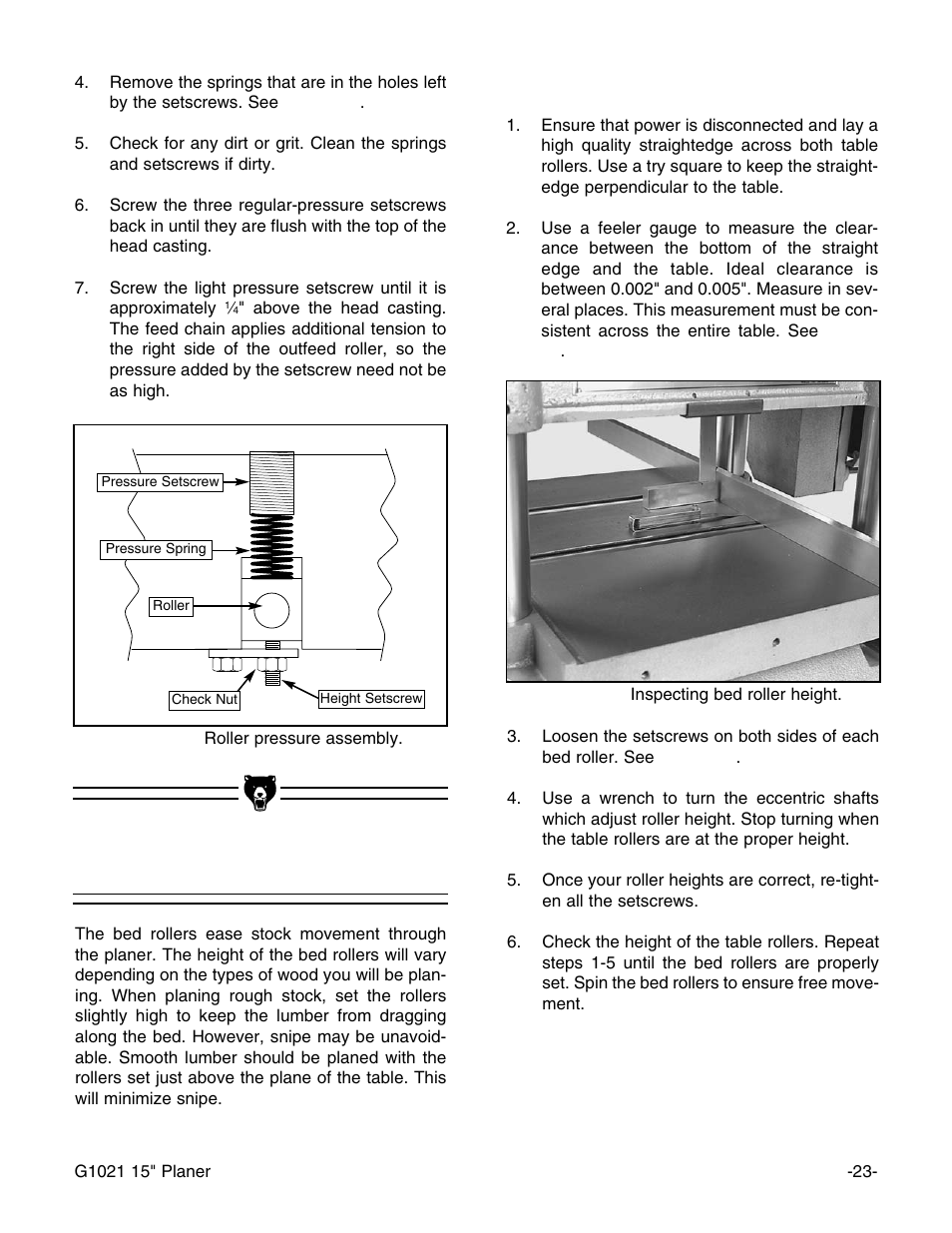 Bed rollers | Grizzly G1021 User Manual | Page 23 / 45