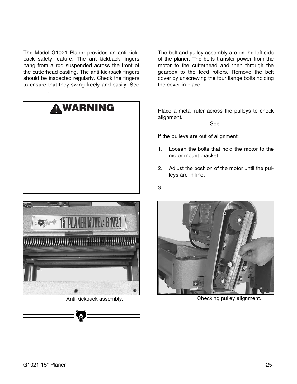 Belts anti-kickback, Warning | Grizzly G1021 User Manual | Page 25 / 45