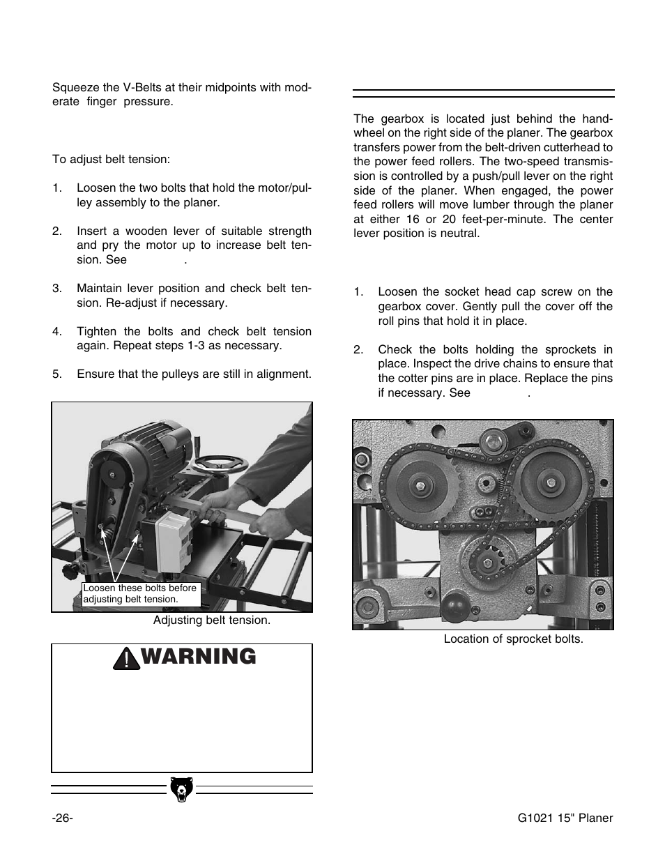 Gearbox, Warning | Grizzly G1021 User Manual | Page 26 / 45