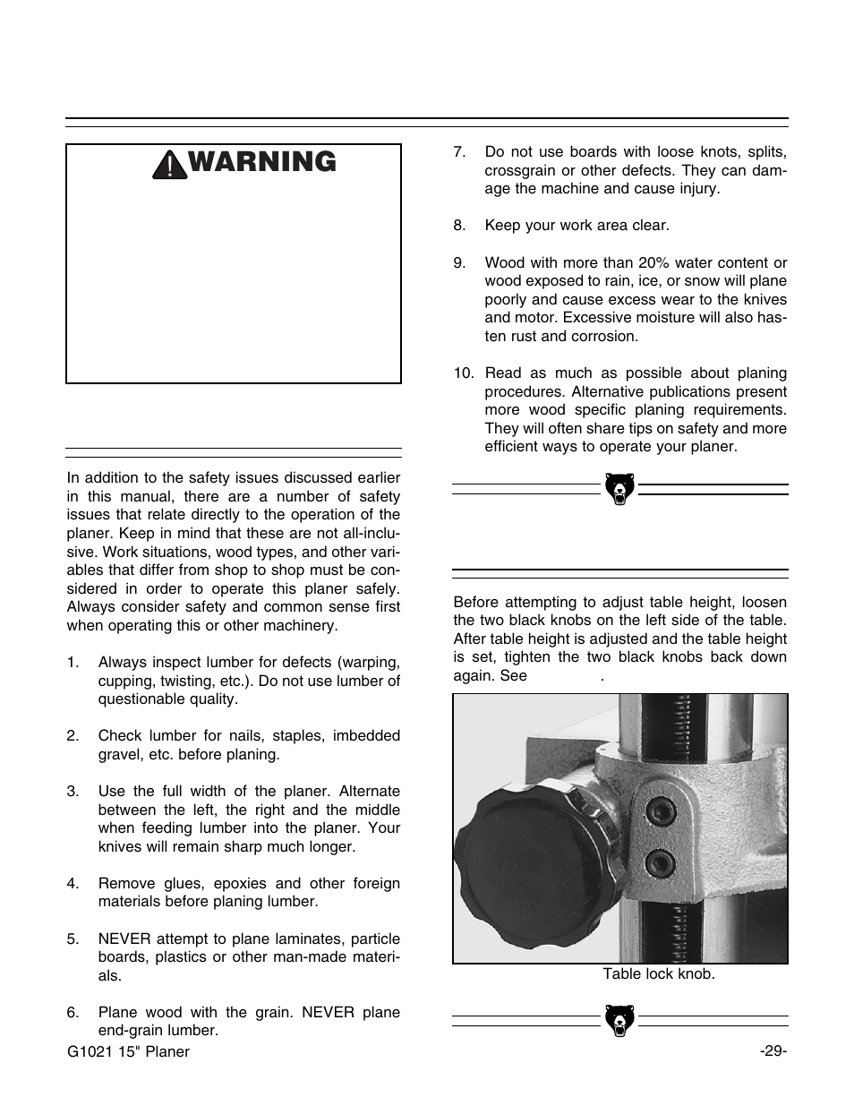 Overview table locks, Warning | Grizzly G1021 User Manual | Page 29 / 45