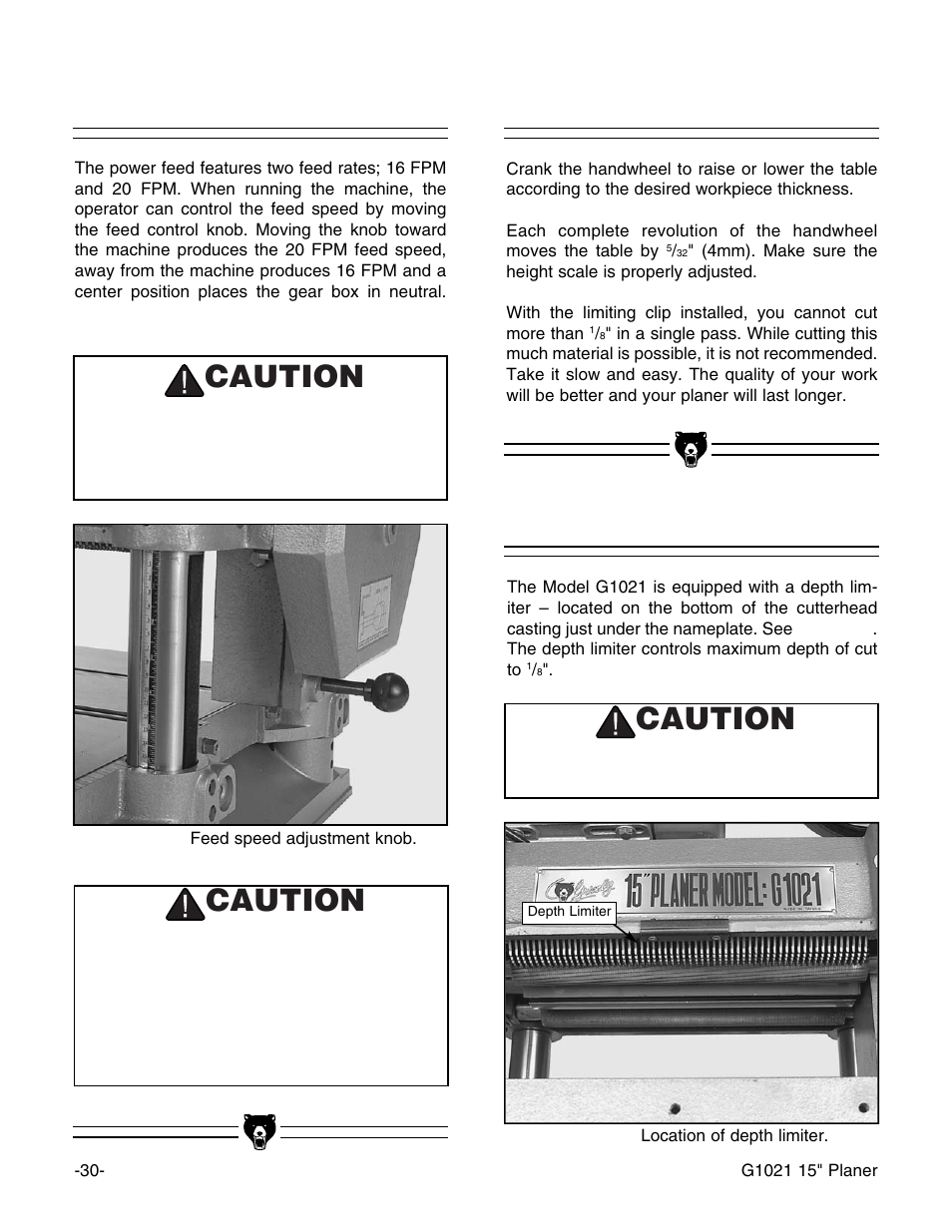 Power feed handwheel depth limiter, Caution | Grizzly G1021 User Manual | Page 30 / 45