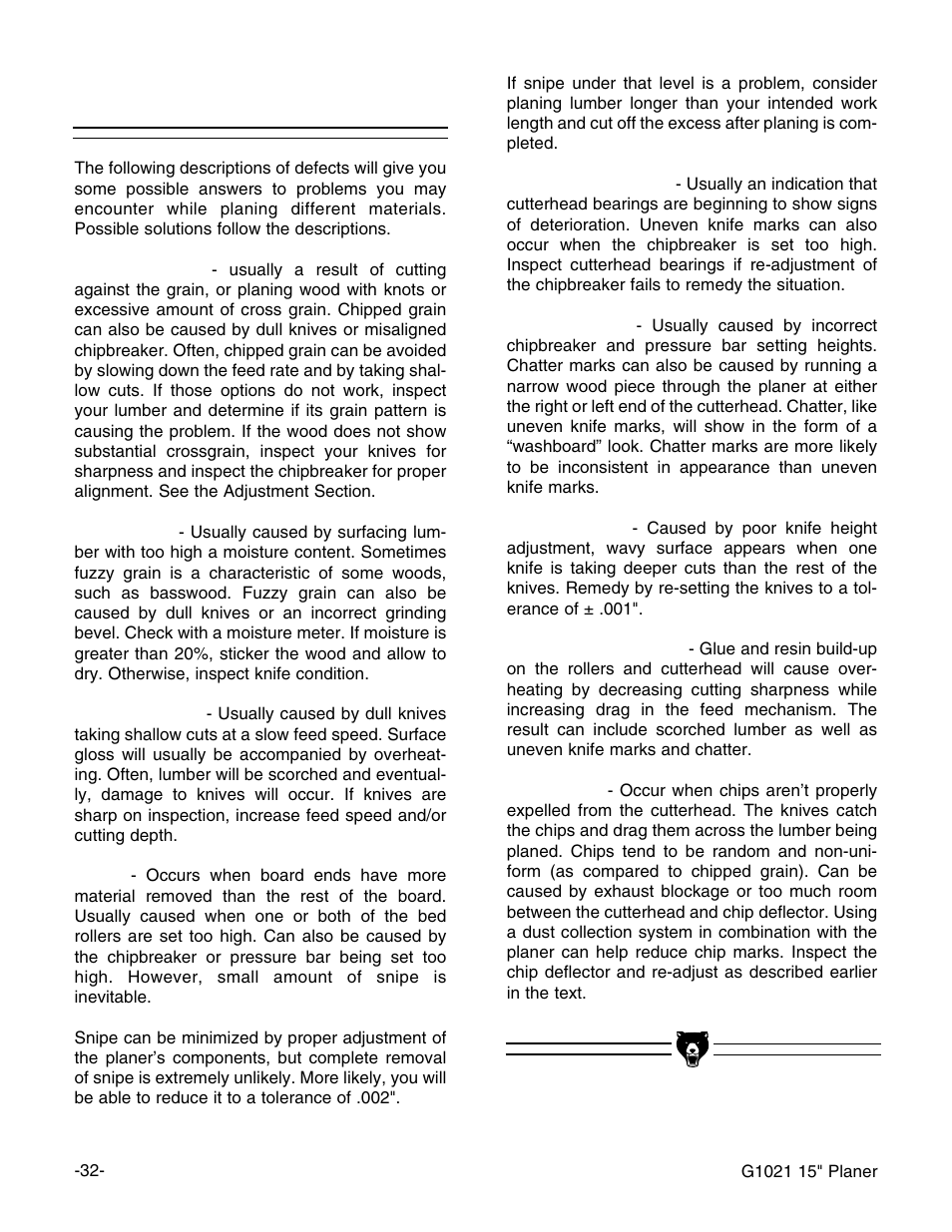 Planing difficulties | Grizzly G1021 User Manual | Page 32 / 45