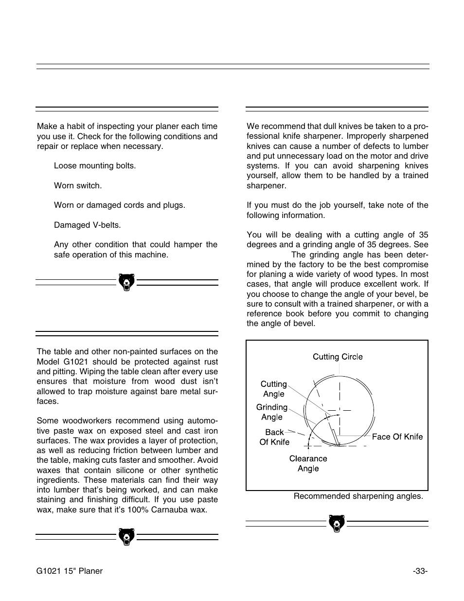 General knives, Table | Grizzly G1021 User Manual | Page 33 / 45