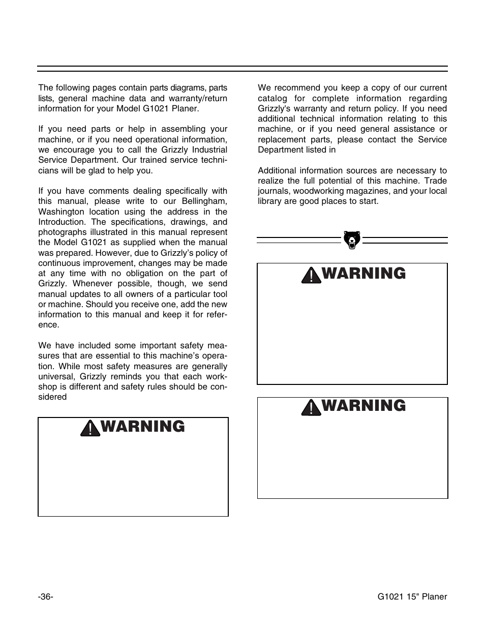 Warning | Grizzly G1021 User Manual | Page 36 / 45