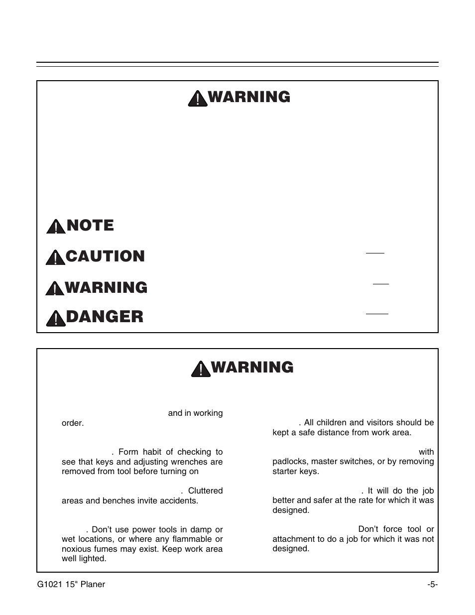 Safety instructions for power tools, Danger, Warning | Grizzly G1021 User Manual | Page 5 / 45