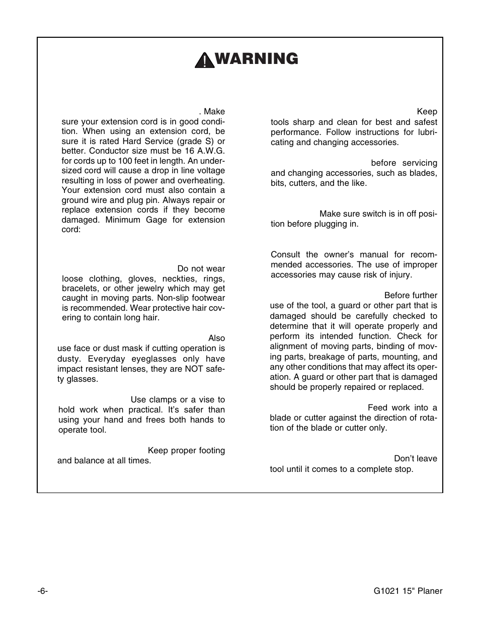 Safety instructions for power tools, Warning | Grizzly G1021 User Manual | Page 6 / 45