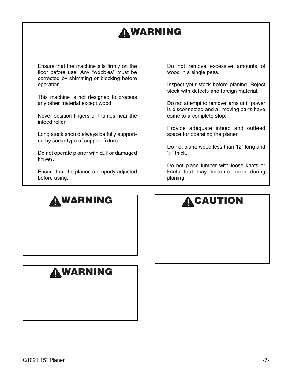 Additional safety instructions for planers, Warning caution, Warning | Grizzly G1021 User Manual | Page 7 / 45