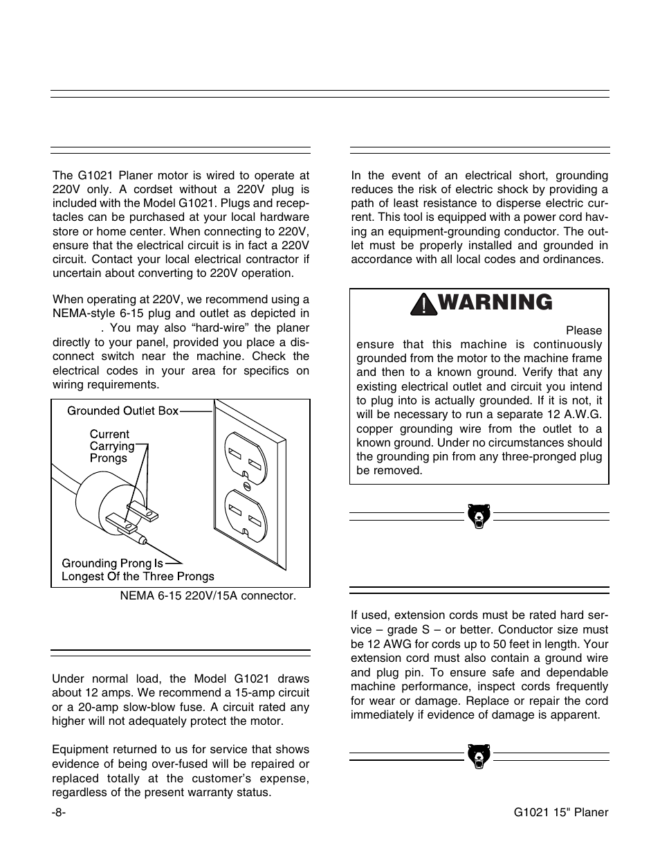 220v operation, Fusing, Extension cords grounding | Warning | Grizzly G1021 User Manual | Page 8 / 45