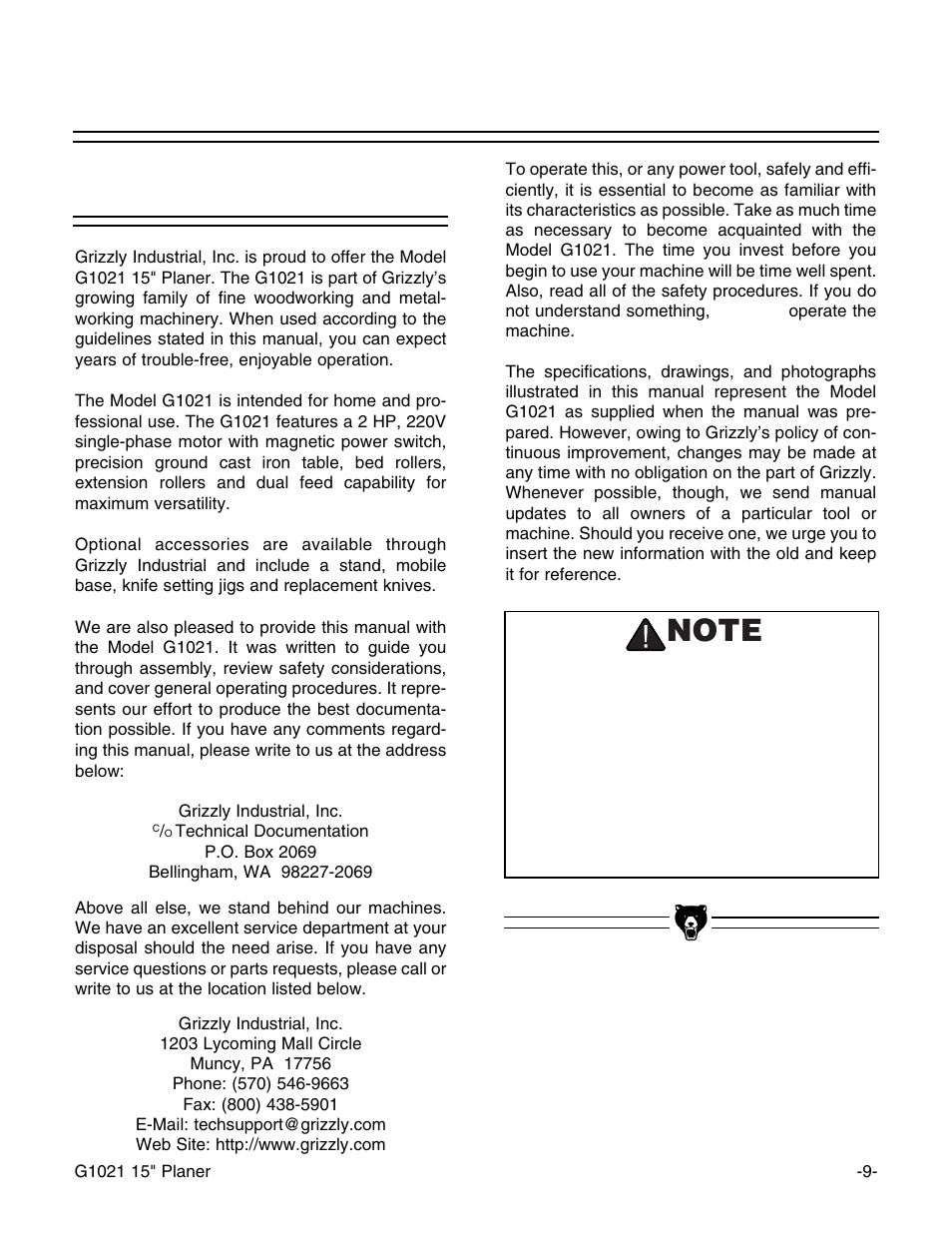 Commentary | Grizzly G1021 User Manual | Page 9 / 45