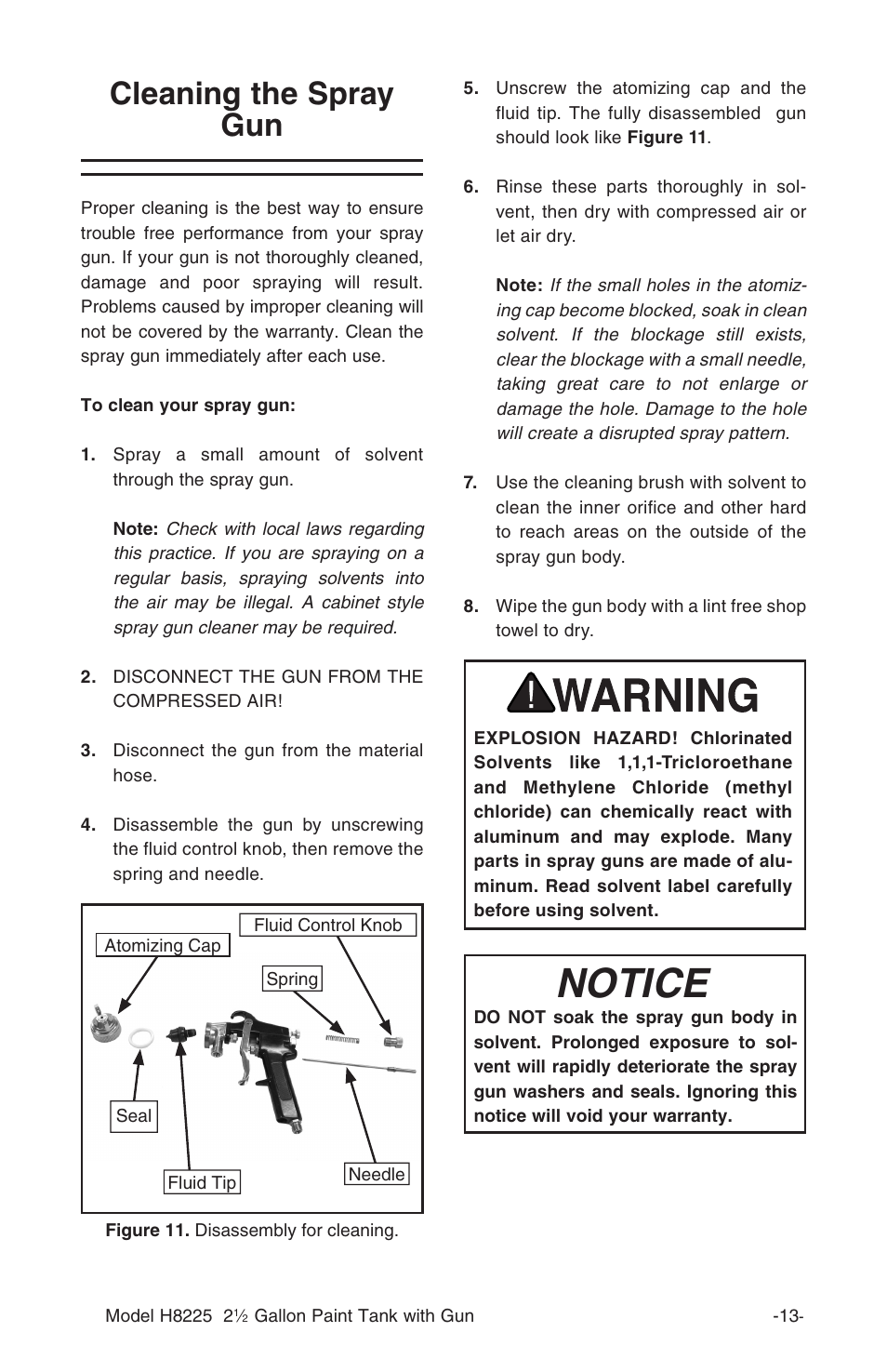 Notice, Cleaning the spray gun | Grizzly H8225 User Manual | Page 15 / 22