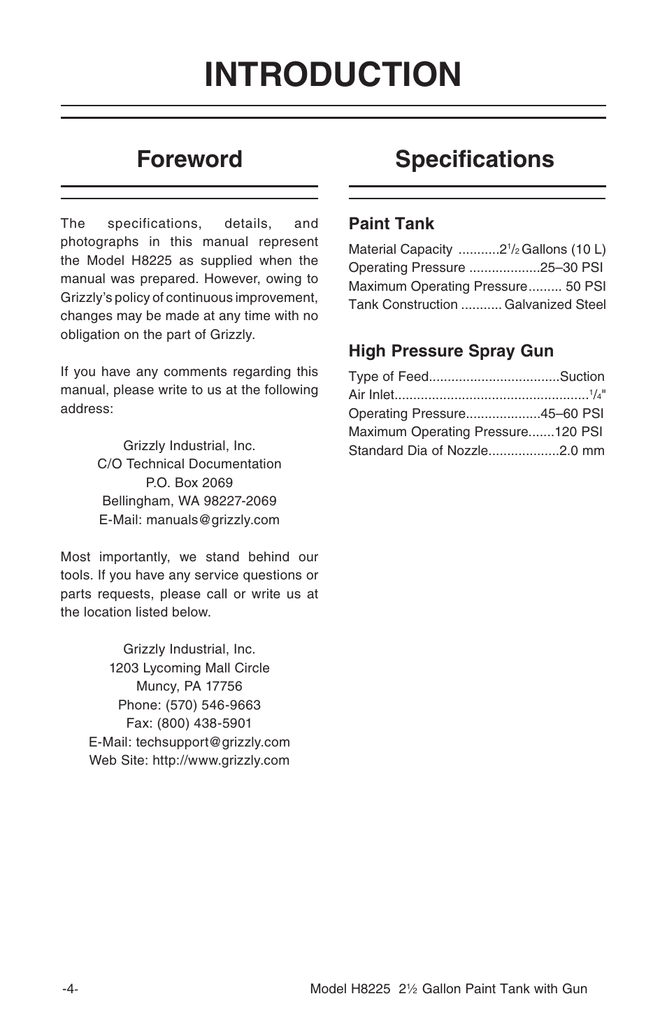 Introduction, Specifications foreword, Paint tank | High pressure spray gun | Grizzly H8225 User Manual | Page 6 / 22