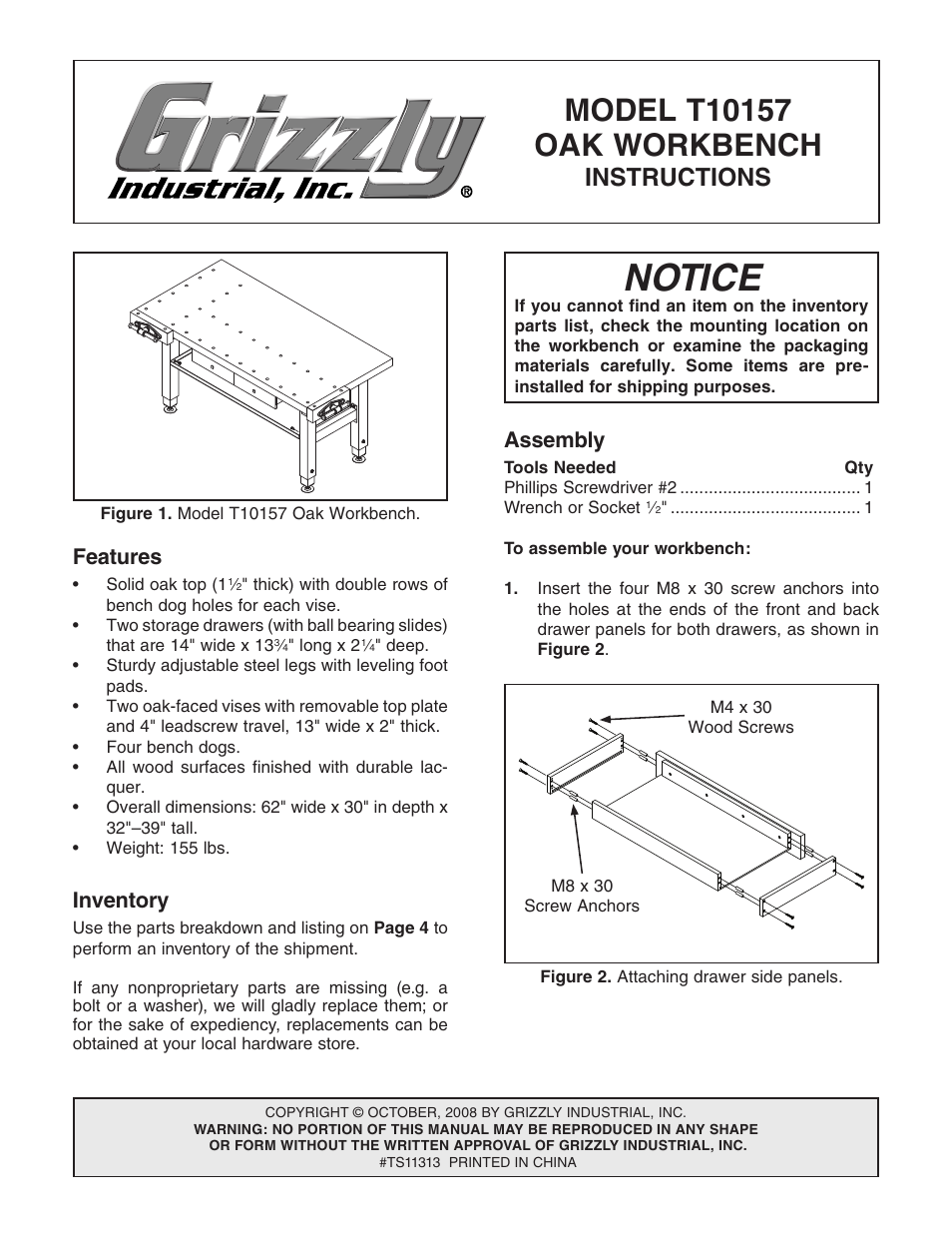 Grizzly Oak Workbench T10157 User Manual | 4 pages