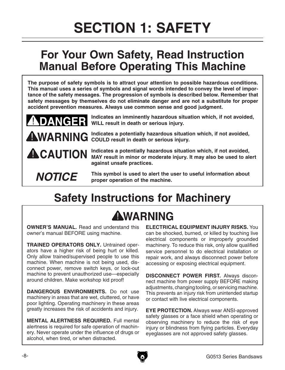 Notice, Safety instructions for machinery | Grizzly G0513X2B User Manual | Page 10 / 108