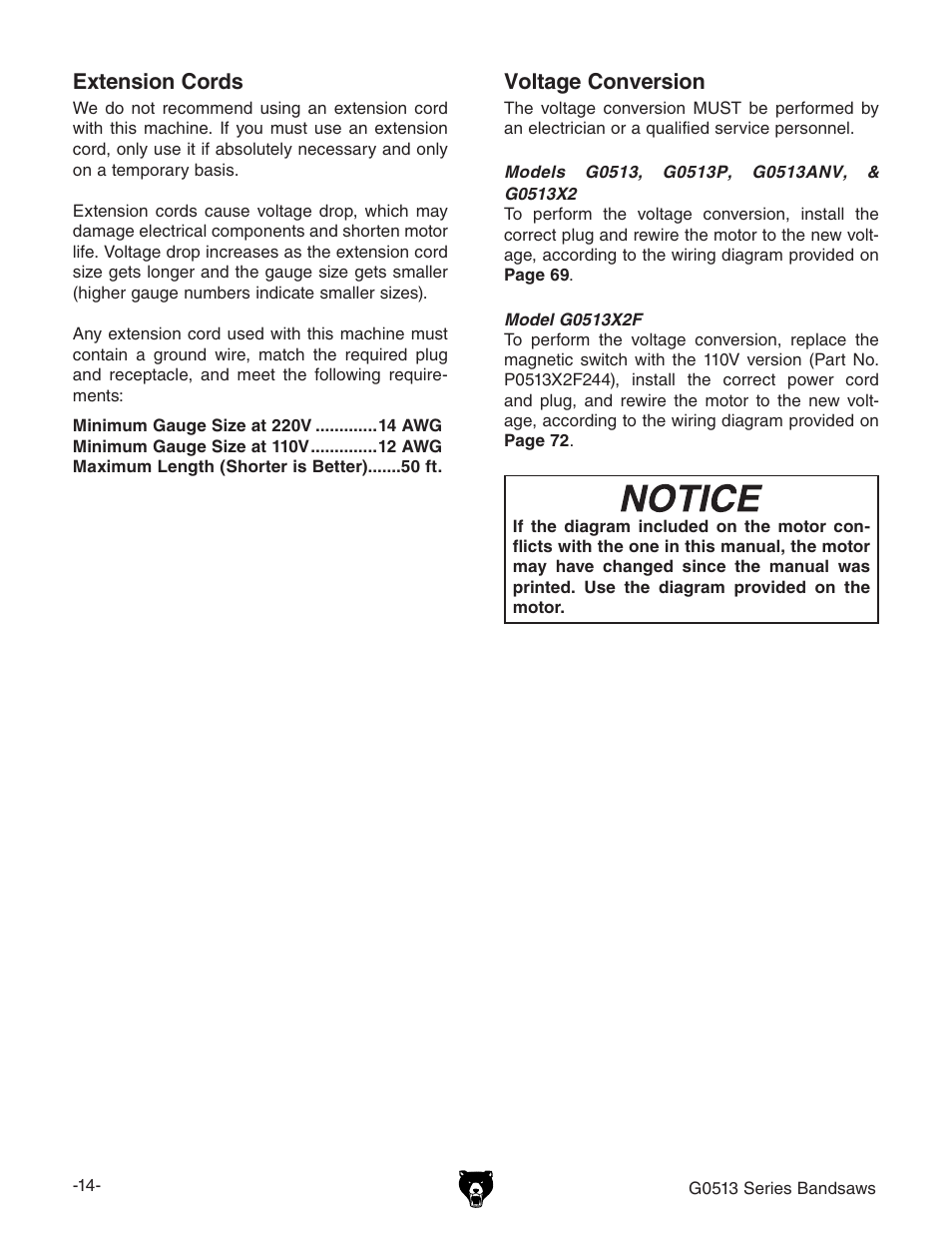 Extension cords, Voltage conversion | Grizzly G0513X2B User Manual | Page 16 / 108