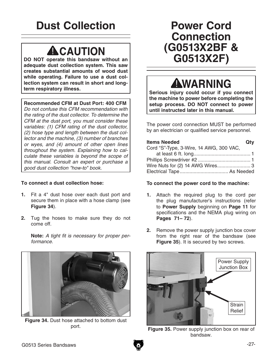 Dust collection | Grizzly G0513X2B User Manual | Page 29 / 108