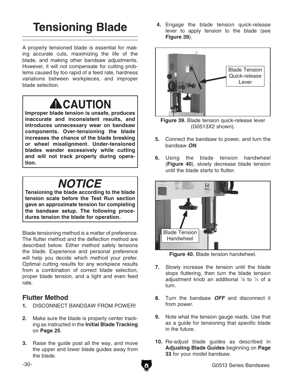 Tensioning blade, Flutter method | Grizzly G0513X2B User Manual | Page 32 / 108