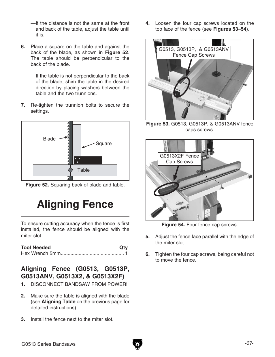Aligning fence | Grizzly G0513X2B User Manual | Page 39 / 108