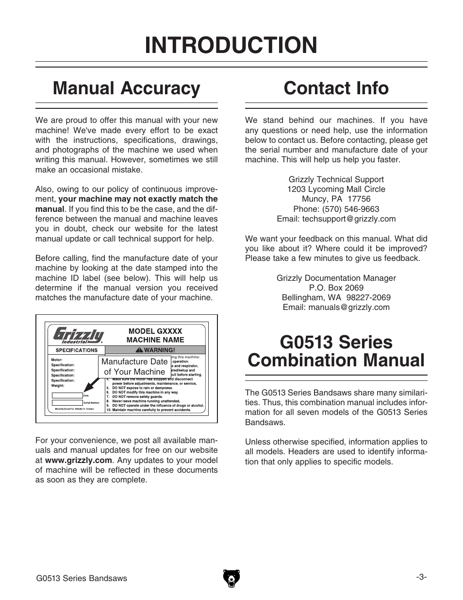 Introduction, Manual accuracy, Contact info g0513 series combination manual | Grizzly G0513X2B User Manual | Page 5 / 108