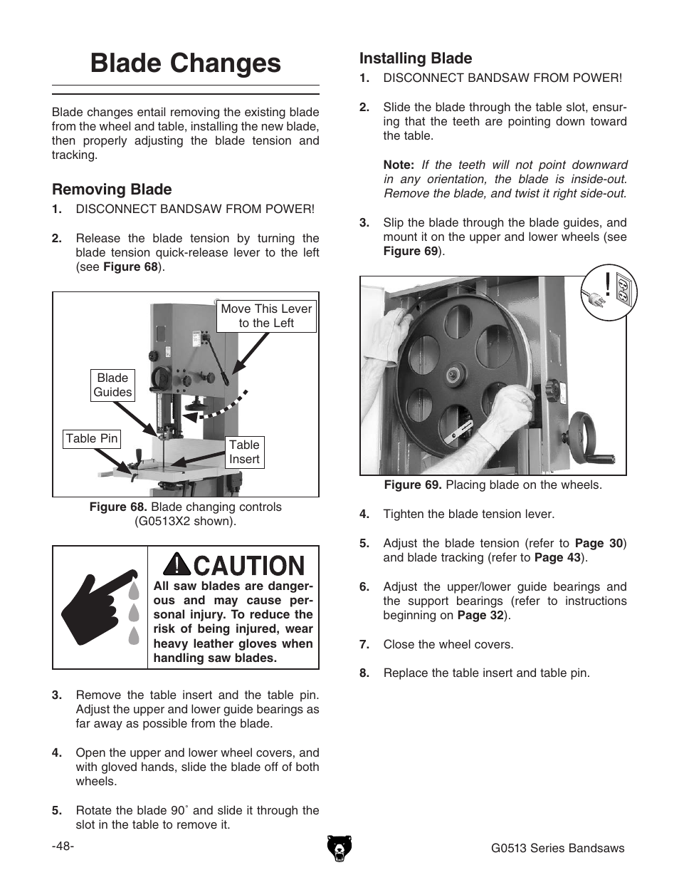 Blade changes | Grizzly G0513X2B User Manual | Page 50 / 108