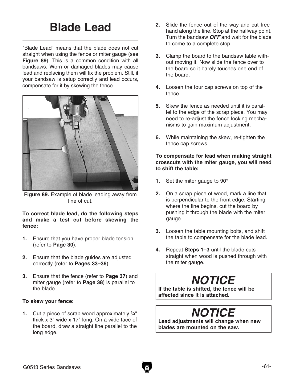 Blade lead | Grizzly G0513X2B User Manual | Page 63 / 108
