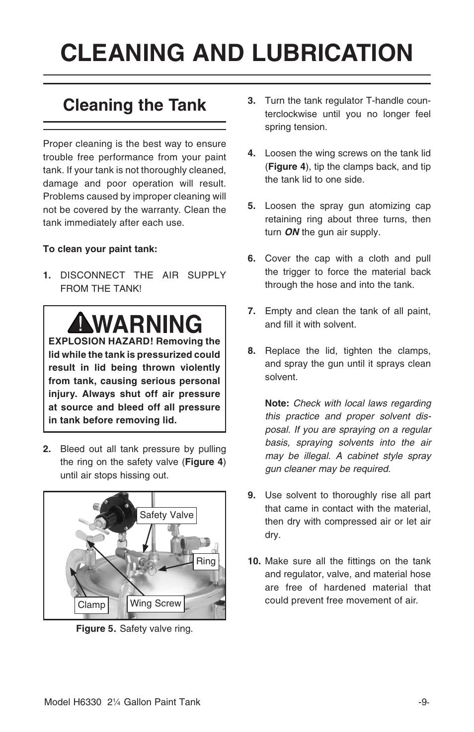 Cleaning and lubrication, Cleaning the tank | Grizzly 2 1/4 Gallon Paint Tank H6330 User Manual | Page 11 / 16