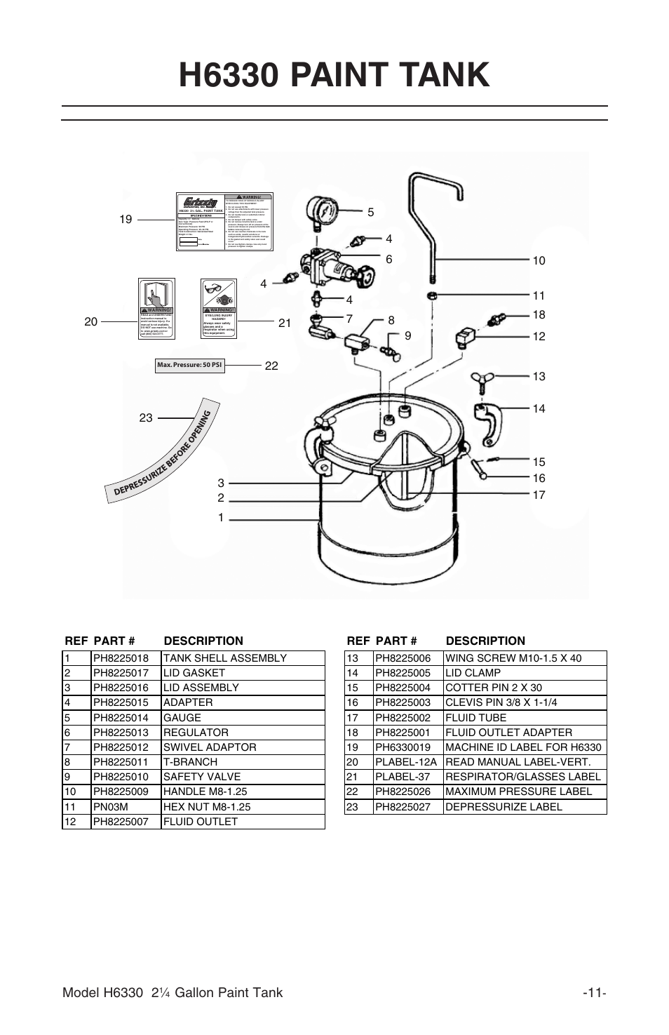 H6330 paint tank, Gallon paint tank, Ref part # description ref part # description | Grizzly 2 1/4 Gallon Paint Tank H6330 User Manual | Page 13 / 16