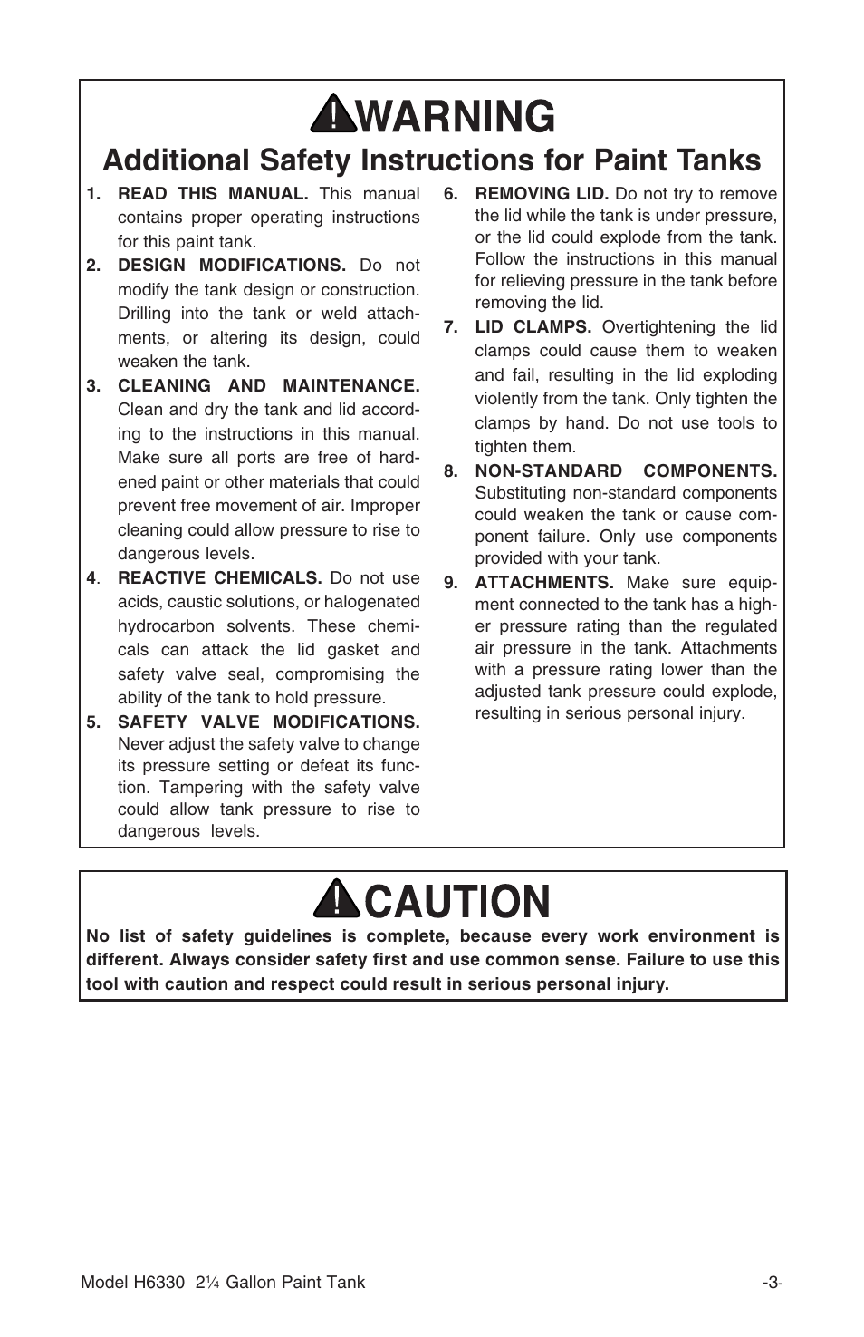 Additional safety instructions for paint tanks | Grizzly 2 1/4 Gallon Paint Tank H6330 User Manual | Page 5 / 16