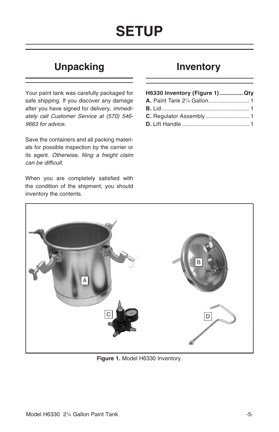 Setup, Inventory, Unpacking | Grizzly 2 1/4 Gallon Paint Tank H6330 User Manual | Page 7 / 16