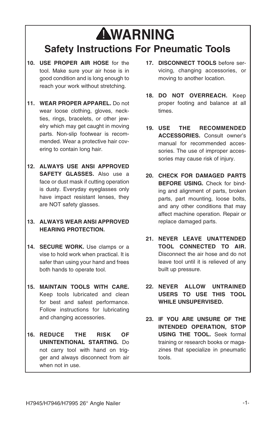 Safety instructions for pneumatic tools | Grizzly H7945 User Manual | Page 3 / 28
