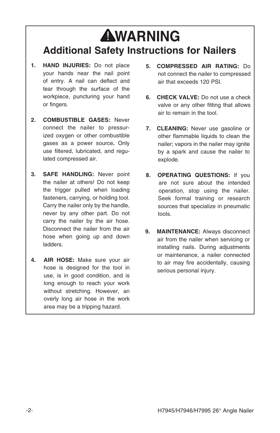 Additional safety instructions for nailers | Grizzly H7945 User Manual | Page 4 / 28