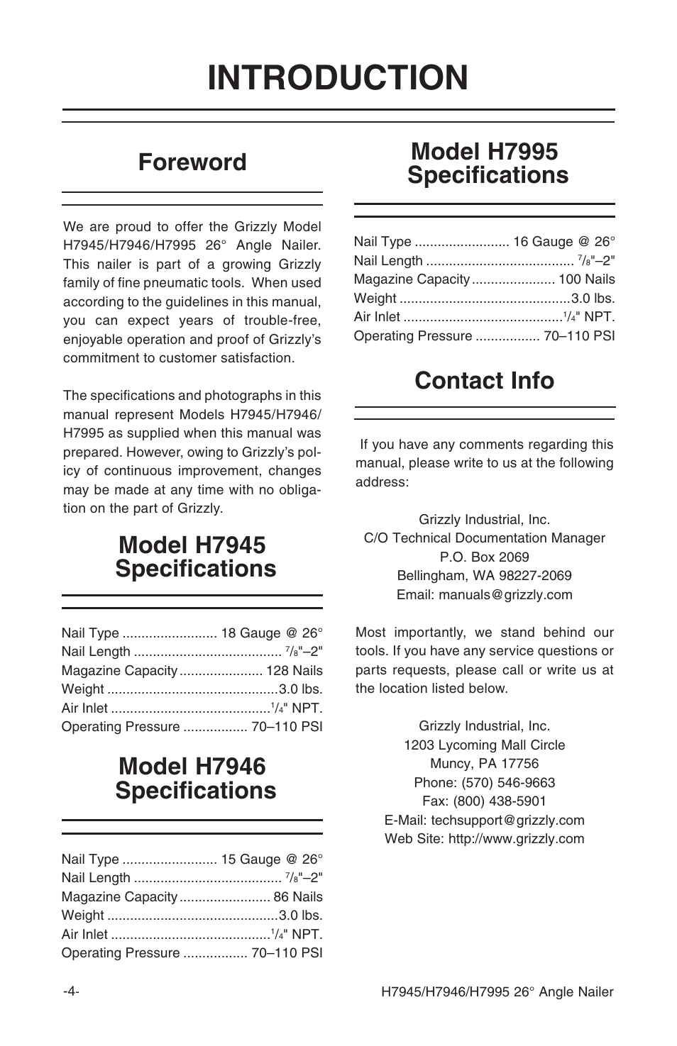 Introduction, Foreword contact info, Model h7946 specifications | Grizzly H7945 User Manual | Page 6 / 28