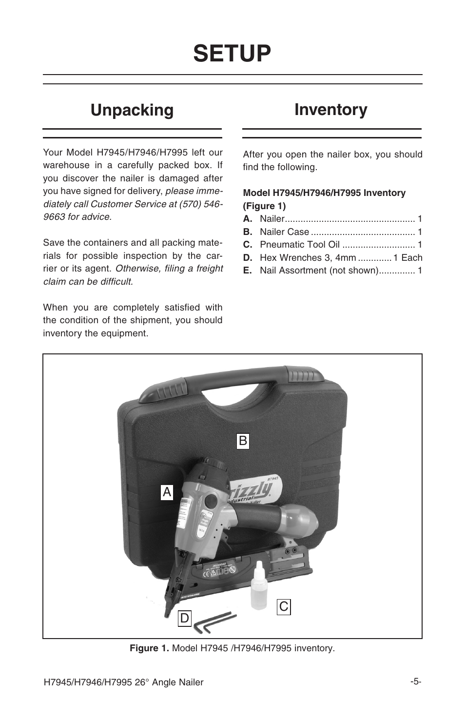 Setup, Unpacking, Inventory | Grizzly H7945 User Manual | Page 7 / 28