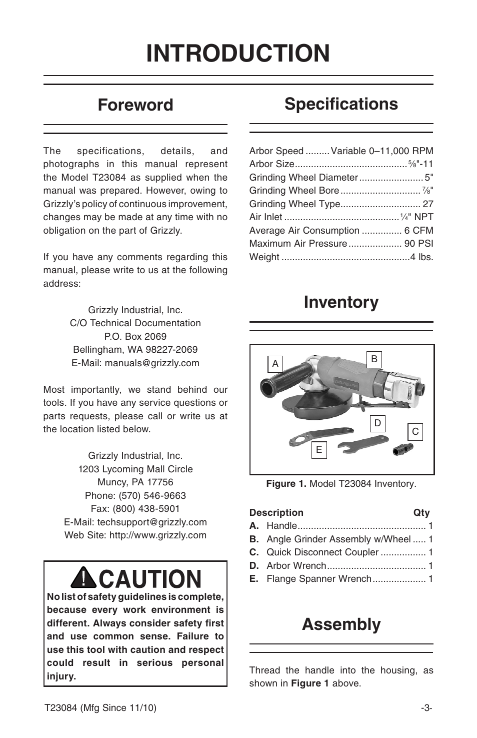 Introduction, Specifications foreword, Inventory | Assembly | Grizzly T23084 User Manual | Page 5 / 8